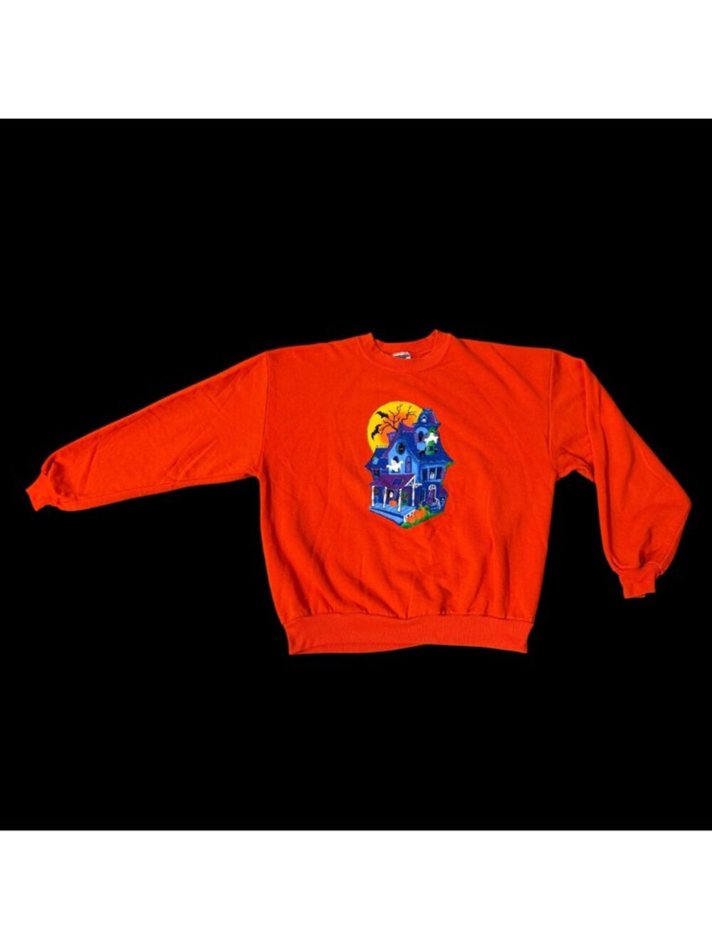 Vintage Halloween Sweatshirt Haunted House Orange Ghosts Bats Spooky 90s USA XL - Picture 2 of 13